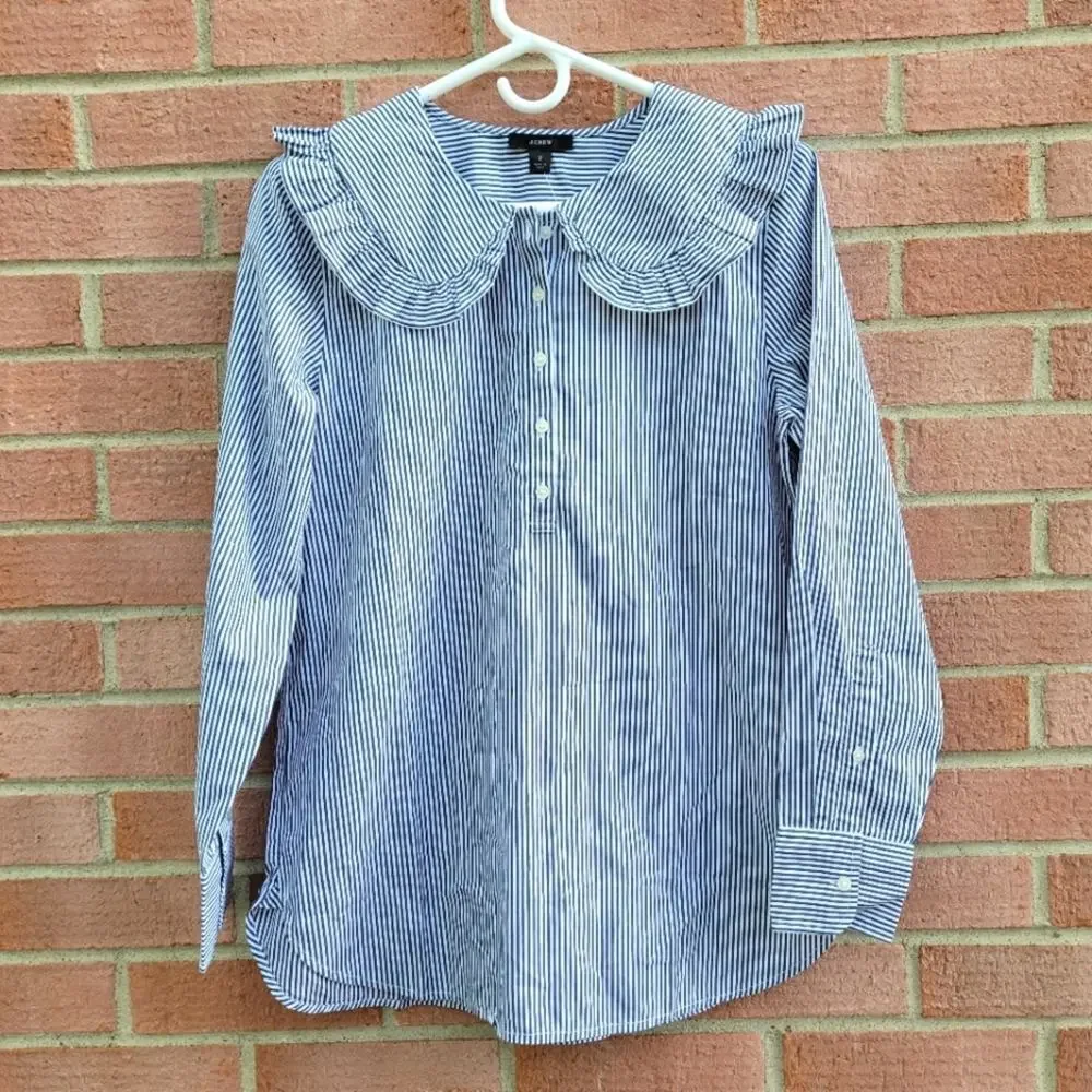 J. Crew Blue and White Striped Button-Down Top with Peter Pan Collar - Picture 1 of 7